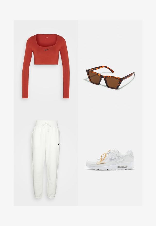 Nike Sportswear W NSW LS CROP TOP SW - Μπλούζα με μακριά μανίκια - rugged orange/black; Λευκά παντελόνια φόρμας φτιαγμένα από μαλακό ύφασμα, με ελαστική μέση και κορδόνι, πλαϊνές τσέπες και μαύρο λογότυπο Nike στο αριστερό μηρό.; Nike Sportswear AIR MAX 90 - Αθλητικά παπούτσια - summit white/dark beetroot/white/metalic gold; Καφέ ηλιακά γυαλιά με σχέδιο καμουφλάζ χελώνας, γωνιακό σκελετό και λεπτά μπράτσα. Ελαφρύ πλαστικό υλικό.
