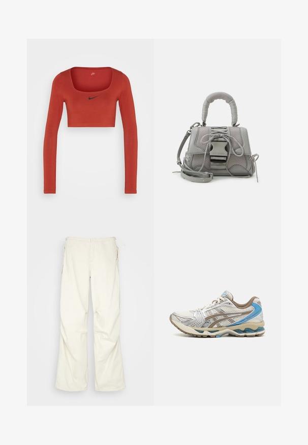 Nike Sportswear W NSW LS CROP TOP SW - Μπλούζα με μακριά μανίκια - rugged orange/black; BDG Urban Outfitters BAGGY - Παντελόνι - cream; Άσπρο και μπεζ αθλητικό παπούτσι με μπλε λεπτομέρειες, άνω μέρος από δίχτυ, μαλακή σόλα και σχεδιασμό με κορδόνια, εμφανιζόμενο από την εξωτερική πλευρά.; Γκρι τσάντα υφής με επενδεδυμένη λαβή, πλέγματα, ρυθμιζόμενο λουρί και μπροστινή κλειδαριά. Συμπαγής σχεδίαση με στρογγυλό σχήμα.
