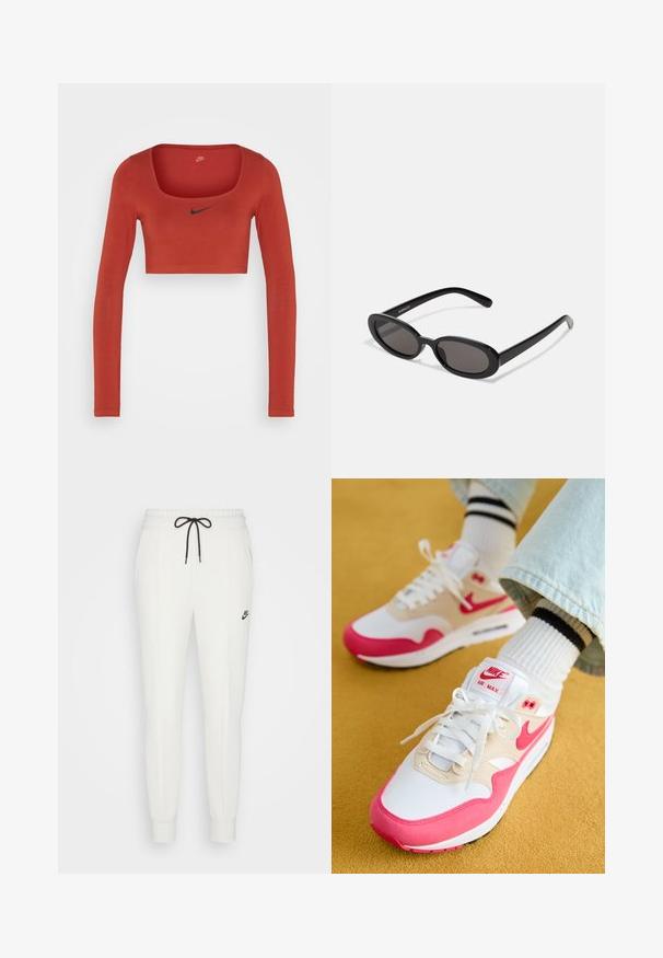 Nike Sportswear W NSW LS CROP TOP SW - Pikkade varrukatega topp - rugged orange/black; Valged dressipüksid pehmest materjalist, millel on elastne vöökoht, reguleeritav must pael ja väike must logo reie peal.; Valged ja roosad Nike Air Max tossud, millel on beež ülaserv, tekstuuriga viimistlus, valged paelad ja nähtav õhukamber.; Even&Odd Päikeseprillid - black