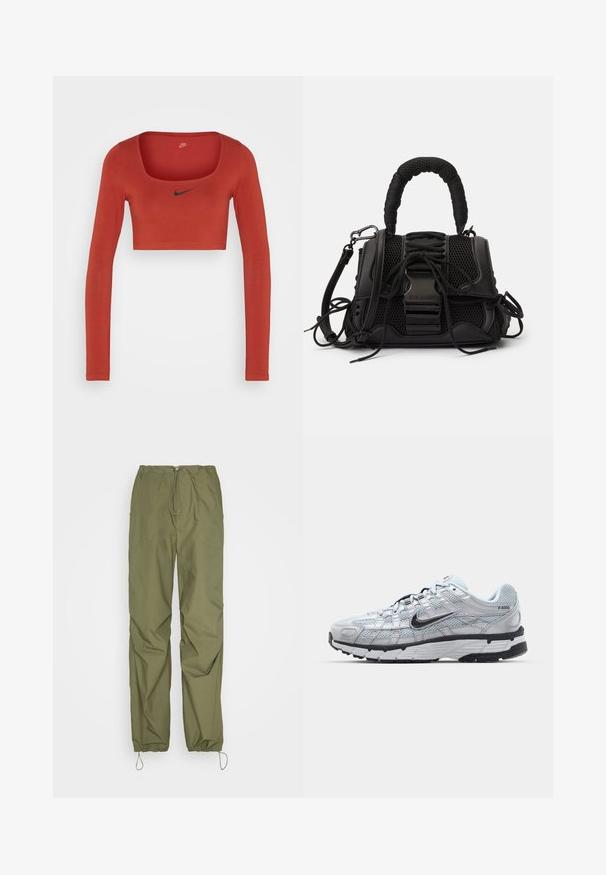 Nike Sportswear W NSW LS CROP TOP SW - Long sleeved top - rugged orange/black; Cotton On JORDAN PANT - Trousers - khaki; Nike P-6000 sneakers with a light grey mesh upper, black accents, and a durable black rubber sole. Features intricate design and lacing system.; Black handbag featuring a mesh exterior, woven handle, and decorative lacing. Includes detachable strap and contrasting hardware accents.