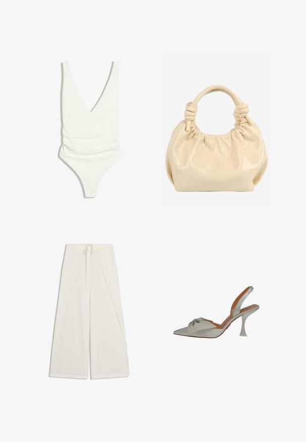 Maillot de bain une pièce blanc avec un décolleté en V profond et des détails froncés sur le torse, présenté sur un fond blanc.; Pantalon blanc à jambes larges avec un rabat asymétrique à l'avant et une taille à cordon.; Chaussure slingback en satin blanc, à bout pointu, ornée de perles argentées. Présente un talon fin et transparent, ainsi qu'un détail décoratif texturé sur le dessus.; Sac à main en cuir souple couleur crème avec dessus froncé et doubles poignées nouées sur fond blanc.