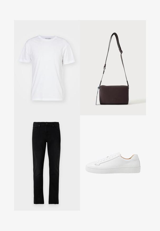 Hvid bomulds t-shirt med rund halsudskæring, korte ærmer og lige snit. Ingen mønstre eller udsmykninger, glat tekstur og enkel design.; Sorte denim jeans med lige ben-design, fem-lomme stil og standard talje, med subtile syninger.; Hvide lædersneakers med en glat overflade, afrundet tå, flad snørebåndsdesign og en tyk gummisål med et struktureret grebmønster.; Mørkebrun textured læder crossbody taske med justerbar rem og lille dekorativ blå accent på siden.