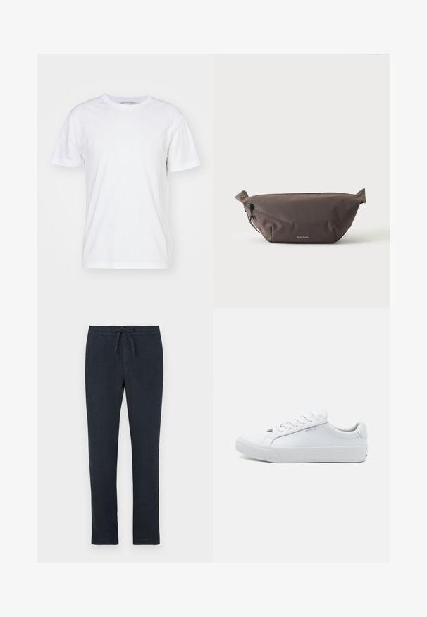 Weißes Baumwoll-T-Shirt mit Rundhalsausschnitt, kurzen Ärmeln und geradem Schnitt. Keine Muster oder Verzierungen, glatte Textur und schlichtes Design.; Dunkelmarineblaue Leinenhose mit Kordelzugbund, geradem Bein und minimaler Textur. Keine sichtbaren Muster oder Hardwaredetails.; Weiße Leder-Sneaker mit glatter Oberfläche, niedrigem Design, runder Spitze und flacher Gummisohle. Ausgestattet mit flachen Schnürsenkeln und minimaler Markenkennung.; Dunkelbraune Stoff-Gürteltasche mit diagonalem Reißverschlussfach und kleinem weißen Logo vorne, vor einem einfarbigen hellen Hintergrund.