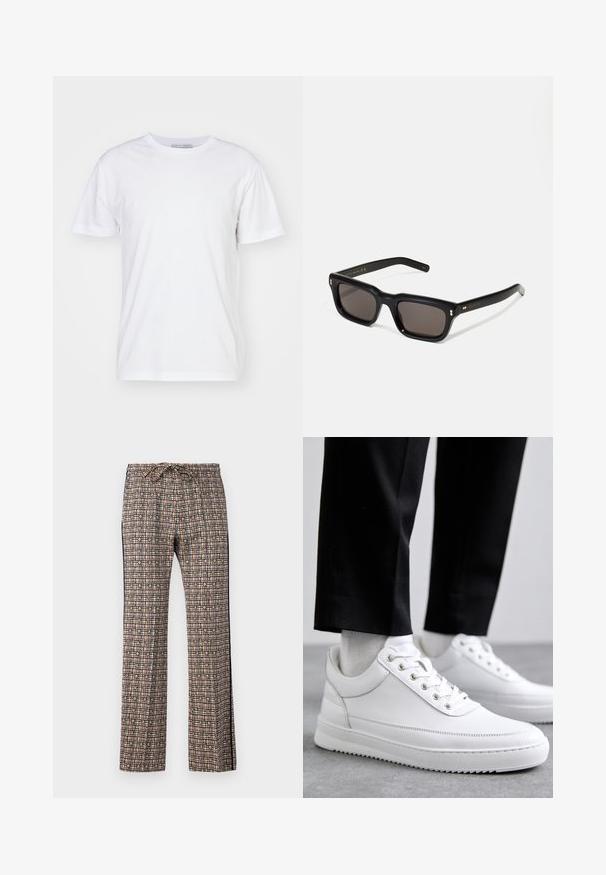 T-shirt en coton blanc avec un col rond, des manches courtes et une coupe droite. Sans motifs ni embellissements, texture lisse et design sobre.; Pantalons larges à motif avec une taille à cordon. Présente un design en quadrillage rose, noir, blanc et vert, avec des accents floraux.; Baskets blanches en cuir avec une semelle en caoutchouc plat, présentant une finition lisse, un bout rond et des œillets en métal pour les lacets. Portées avec un pantalon noir.; Lunettes de soleil noires rectangulaires avec des verres foncés, monture en plastique épais, accents dorés sur les branches et logo de la marque gravé sur le bras.