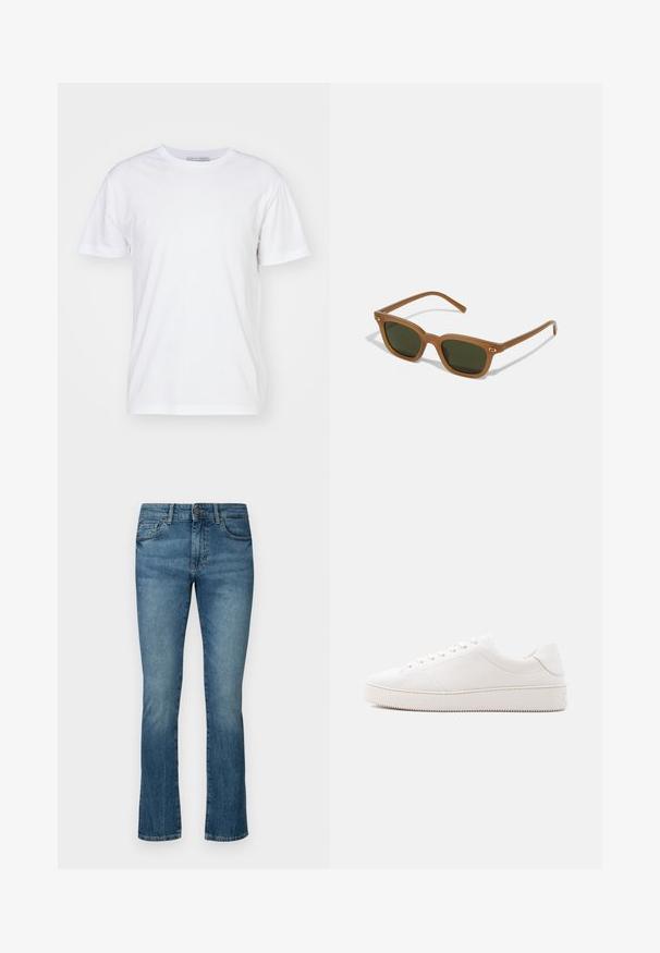 Hvid bomulds t-shirt med rund halsudskæring, korte ærmer og lige snit. Ingen mønstre eller udsmykninger, glat tekstur og enkel design.; Mørkeblå denim jeans med lige ben-design, der har diskret slid, fem-lommestil og en knaplukning i taljen.; Hvid lædersneaker med en glat overflade, rund tå, seks-huls snørebånd og en struktureret gummisål. Minimalistisk design uden mønstre.; Brune acetat solbriller med mørkegrønne linser, rektangulær form og guld accenter på stængerne. Glat struktur, minimalistisk design.