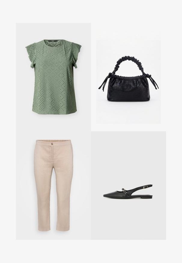 Blusa verde de manga corta con escote redondo y bordado de ojales en patrones de diamante y círculos en toda la tela.; Pantalones recortados de lino beige con flat front, cierre de botón y cintura elástica. Textura suave con costuras mínimas y sin bolsillos.; Zapatos slingback de cuero negro con punta afilada, que cuentan con una correa estrecha y un detalle de hebilla plateada en el lateral. Suela plana.; Bolso negro con textura de cocodrilo, borde superior fruncido, asa recogida y cordones con borlas en cada lado sobre un fondo blanco.