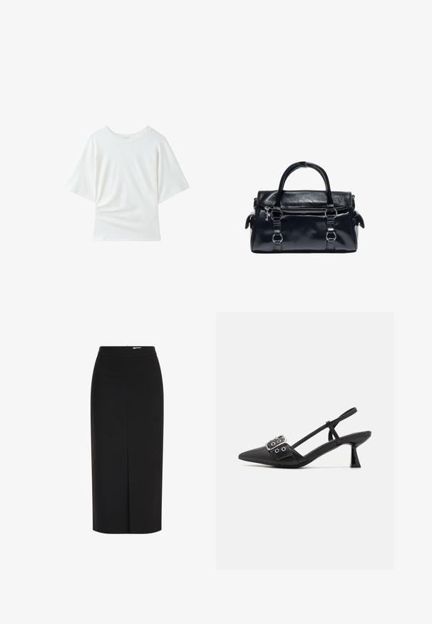 Enkelt hvid T-shirt med korte ærmer, rund hals, afslappet pasform og svage folder i stoffet nær den nederste venstre side.; Sort midi pencilnederdel med høj talje, frontslids og skjult lynlås på hvid baggrund.; Simmi London DALA - Pumps - black; Sort læderhåndtaske med to håndtag, frontlynlåslomme og sølvfarvede metaldetaljer på hvid baggrund.