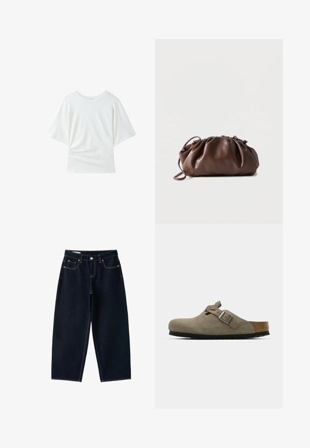 T-shirt blanc uni à manches courtes avec col rond, coupe décontractée et légère froissure du tissu près du bas côté gauche.; Jean bleu foncé à jambes larges, taille haute, bouton sur le devant, fermeture éclair et cinq poches avec coutures apparentes.; Sabots en velours côtelé vert olive clair avec une semelle en liège et en caoutchouc moulée. Dispose d'une sangle latérale avec une boucle en métal et d'un bout arrondi.; Sacoche en cuir marron doux avec un haut froncé et une fine bandoulière, posée sur un fond blanc.