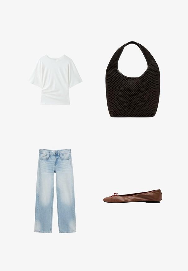 T-shirt blanc uni à manches courtes avec col rond, coupe décontractée et légère froissure du tissu près du bas côté gauche.; Jean bleu clair à jambes larges avec cinq poches, passants pour ceinture, fermeture par bouton et légère décoloration sur l'avant des cuisses et des genoux.; Ballerine en cuir marron perforé avec un petit nœud rouge sur l'avant arrondi et un petit talon noir.; Sac cabas noir en maille à tissage ouvert avec poignée supérieure arrondie et corps large et incurvé.