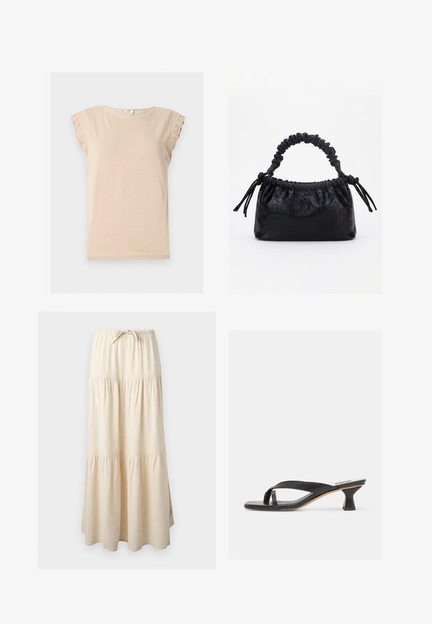 Beiges Kurzarmhemd mit rundem Ausschnitt und Spitzenbesatz an den Ärmeln, aus leichtem Stoff.; Beige gestufter Maxirock mit elastischem Bund und Kordelzug, mit fließendem, gerafftem Stoffdesign.; Schwarze Leder-Sandalette mit Riemen und einzigartigem geschwungenem Kittenabsatz auf neutralem Hintergrund.; Schwarze Handtasche mit Krokodilstruktur, gerafftem oberen Rand, zusammengezogenem Griff und Zugkordeln mit Quasten an jeder Seite vor weißem Hintergrund.