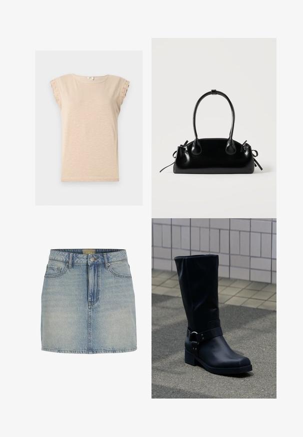 Beige kortærmet skjorte med rund halsudskæring og blondedetalje på ærmerne, lavet af letvægtsstof.; Lyseblå denim mini nederdel med tætsiddende talje, frontlukning med knapper, fem lommer og diskret falmning langs stoffet.; Sort læderstøvle midt på læggen med lav blokhæle og en dekorativ rem med metal spænde rundt om anklen, på en flisebelagt fortov.; Lille sort blank håndtaske med to lange håndtag og snøre-detaljer i siden på en ensfarvet lys baggrund.