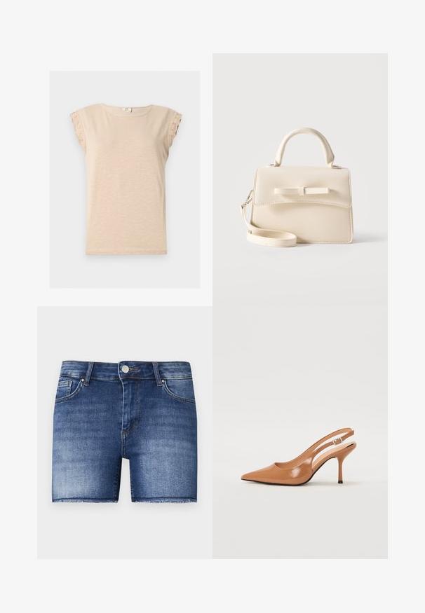 Camisa beige de manga corta con escote redondo y ribete de encaje en las mangas, hecha de tela ligera.; Shorts de mezclilla en un lavado azul medio con un corte recto. Presentan áreas descoloridas, un bolsillo frontal y un dobladillo sin acabar en la parte inferior.; Zapato de tacón tipo slingback con punta afilada en un material suave y brillante de color marrón. Presenta un diseño con corte curvado y un tacón de aguja delgado. Detalle de hebilla plateada.; Pequeño bolso beige con asa superior, correa desmontable, solapa frontal y lazo decorativo horizontal sobre un fondo liso.