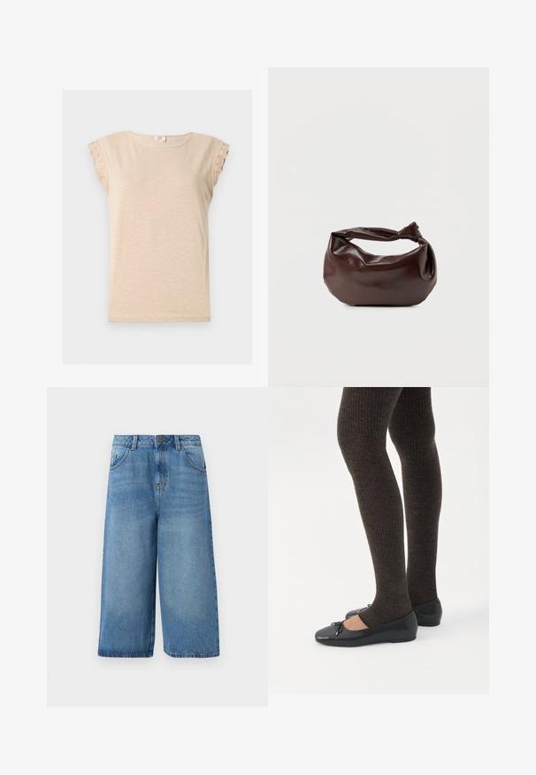 Camisa beige de manga corta con escote redondo y ribete de encaje en las mangas, hecha de tela ligera.; Pantalones cortos de mezclilla azul claro con un ajuste holgado, dos bolsillos frontales y cierre de botón, con un corte recto y dobladillo deshilachado.; Piernas con leggings oscuros acanalados combinados con bailarinas negras que presentan pequeños detalles de lazo sobre un fondo blanco.; Bolso de hombro de cuero marrón oscuro con una forma suave y caída, y un asa con nudo torcido sobre un fondo blanco liso.