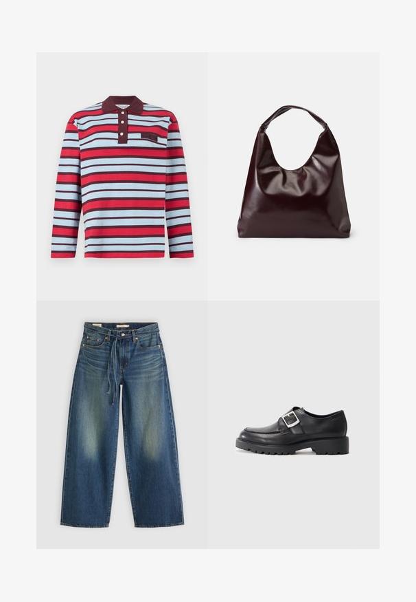 Langærmet polo med røde, lyseblå og mørkebrune vandrette striber og en mørkebrun krave med tre hvide knapper.; Denim brede benjeans i mørkeblå med en falmet finish, der har en snørebåndsvidde og fem lomme-design.; Sorte lædersko med en rund tå, der har en sidebuckle-detalje og en tyk, robust sål. Glat tekstur med minimal syning.; Bordeaux, skinnende vegansk læder tote taske med en blød, skulpturel form og et bredt, buet håndtag for nem bæring.