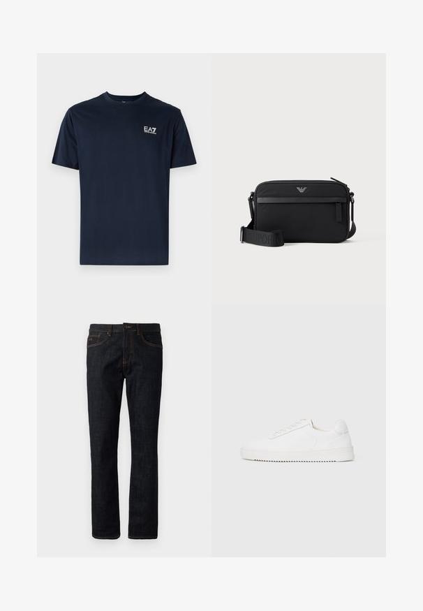 Camiseta de algodón azul marino con mangas cortas, cuello redondo y logo de EA7 en la parte superior izquierda en blanco. Textura suave, diseño casual.; Jeans ajustados de color azul oscuro con costuras naranjas, cierre de botón y diseño de cinco bolsillos, exhibidos planos sobre un fondo blanco.; Zapatilla blanca con parte superior de cuero suave, puntera redondeada, cordones, acentos laterales texturizados y suela de goma gruesa. Diseño minimalista.; Bolso bandolera rectangular negro con bolsillo frontal con cremallera, correa ajustable y pequeño logo metálico en el centro superior.