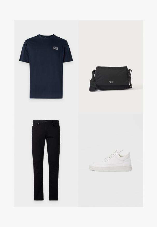 Navyblaue Baumwoll-T-Shirt mit kurzen Ärmeln, Rundhalsausschnitt und EA7-Logo auf der oberen linken Seite in Weiß. Glatte Textur, lässiges Design.; Emporio Armani POCKETS PANT - Jeans Slim Fit - black denim; Weißer Ledersneaker mit abgerundetem Zehenbereich, flacher Sohle und Schnürverschluss. Verfügt über Nahtdetails und einen gepolsterten Kragen für zusätzlichen Komfort.; Schwarze Umhängetasche mit verstellbarem Riemen und kleinem silbernem Logoemblem auf der Vorderklappe, dargestellt auf einfachem hellem Hintergrund.