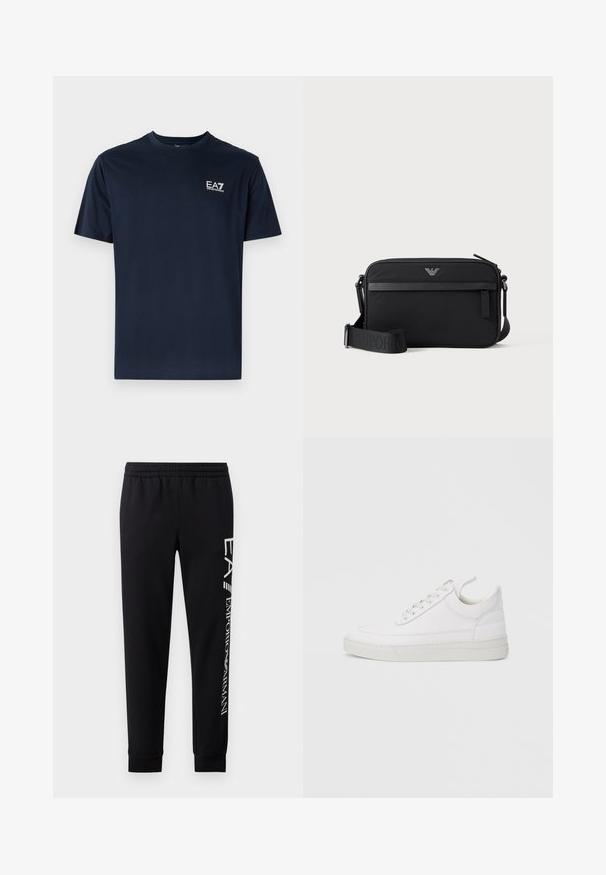 Mørkeblå bomulds t-shirt med korte ærmer, rund udskæring og EA7-logo i hvid på øverste venstre side. Glat tekstur, afslappet design.; Sorte sweatpants lavet af en bomuldsblanding, med elastisk talje, smalle ben, ribbede manchetter og hvidt logo print langs siden.; Hvid lædersneaker med rundet tå, flad sål og snørebånd foran. Har syningsdetaljer og polstret krave for komfort.; Sort rektangulær crossbody-taske med lynlåslomme foran, justerbar rem og lille metallogo øverst i midten.