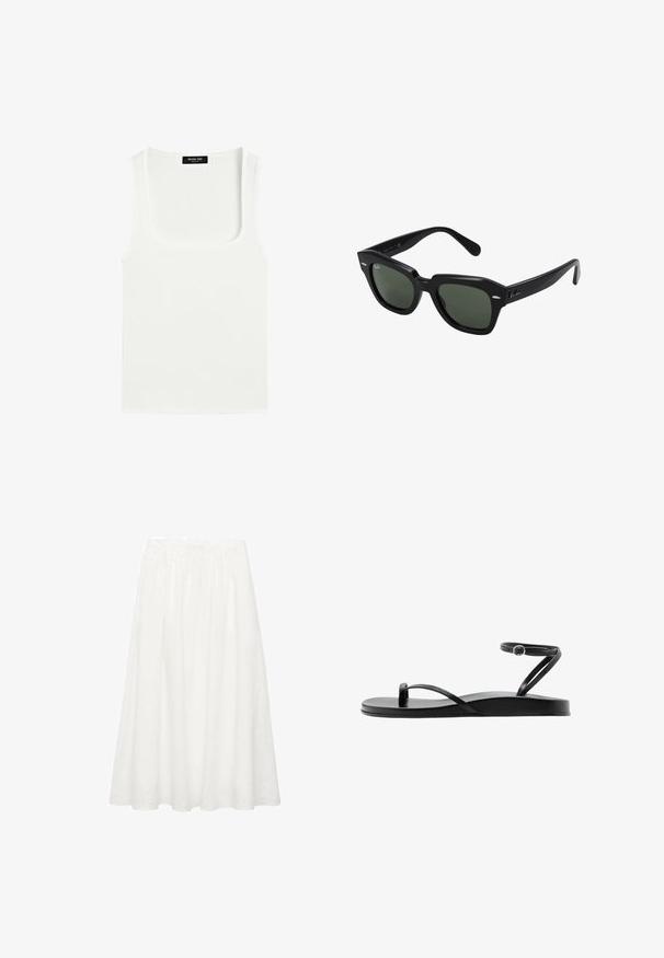 Hvid ærmeløs tanktop med firkantet halsudskæring og sort label på den indvendige bagside af nakken.; Hvid, mid-length A-linje nederdel lavet af letvægts bomuld. Har en elastisk talje og et flydende design uden synlige mønstre eller accenter.; Sort flad sandal med tynde remme, tåloop og anklerem med en lille rund spænde, vist i sideprofil.; Sorte firkantede solbriller med mørkegrønne linser, der har kraftige stel og sølvdetaljer på siderne. Fremstillet i Italien.
