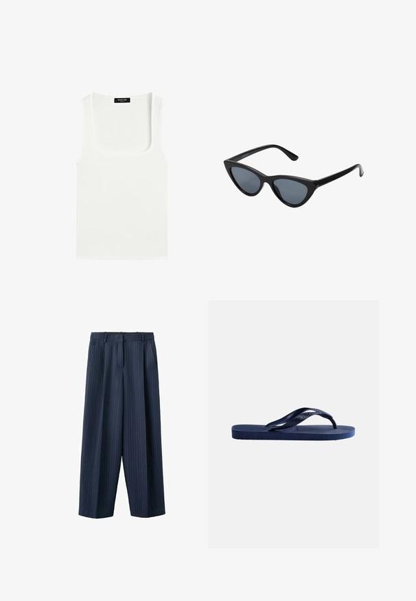 Weißes ärmelloses Tanktop mit quadratischem Ausschnitt und einem schwarzen Etikett auf der Innenseite des hinteren Nackens.; Marineblaue, breitbeinige Nadelstreifenhose mit Gürtelschlaufen und Seitentaschen, maßgeschneidert mit vorderer Bügelfalte und Reißverschluss.; Dunkelblaue Gummi-Zehensandale mit strukturierter Sohle und Y-förmigem Riemen auf schlichtem hellem Hintergrund.; Schwarze Cat-Eye-Sonnenbrille mit dunkelgrauen Gläsern, schlankem Kunststoffrahmen, spitzen Ecken und geraden Bügeln. Keine sichtbaren Befestigungen oder Akzente.