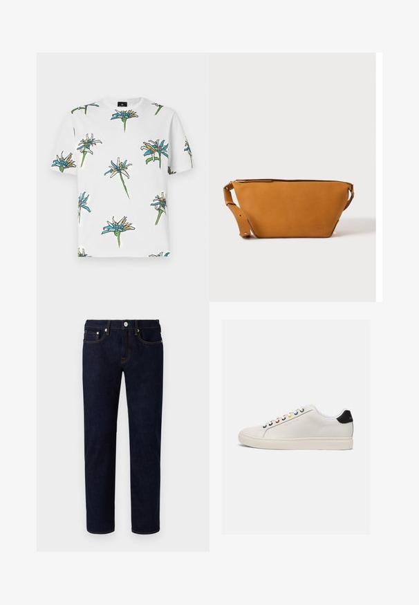 Hvid kortærmet t-shirt med et gentaget blomstermønster i blå, gul og grøn, med konturer i sort, lavet af letvægtsstof.; Mørkeblå jeans i denim med lige ben-design, der har orange syninger, fem lommer og en frontknaplukning.; Hvide lædersneakers med en let afrundet tå, flad sål, multikolorede snørehuller, sort hælflap og præget logo på siden.; Lys brun læder crossbody taske med justerbar rem og lynlås, vist mod en ensartet lys baggrund.