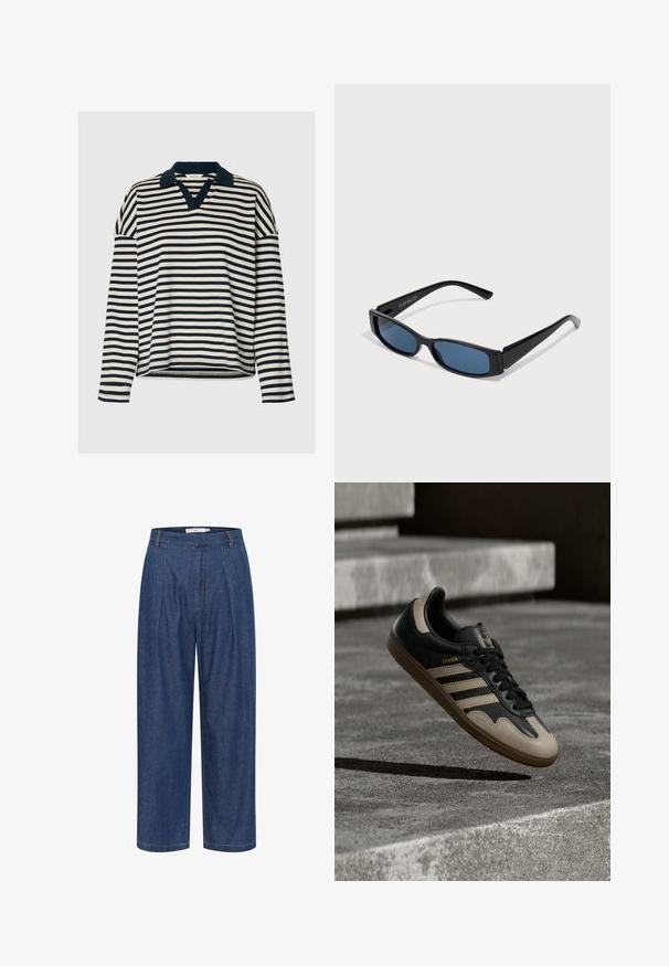 Polo de manga larga con un patrón a rayas en azul marino y crema, con cuello en V y un ajuste relajado. Textura de tela suave y mangas con puños.; Pantalones de mezclilla azul de pierna ancha y cintura alta, con pliegues delanteros, trabillas para cinturón y cierre de cremallera oculto.; Zapatilla de cuero negra y beige con tres rayas blancas, suela de goma beige y detalles dorados "Samba" en el lateral.; Gafas de sol negras con una elegante montura rectangular y lentes azules. Presentan una textura suave y varillas resistentes. Logo de la marca en el costado.