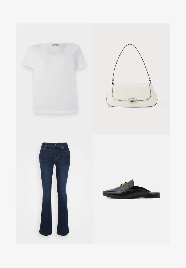 Hvid kortærmet t-shirt lavet af blødt stof, med rund halsudskæring og lige kant uden synlige mønstre eller detaljer.; Mørkeblå udvidede jeans lavet af denim; høj talje, fem lommer, guld hardware accenter og glat tekstur med subtil fading ved lårene.; Sort læder slip-on loafer med flad hæl og guldfarvet cirkulær spænde på den øverste rem, vist i profil mod hvid baggrund.; Hvid lædertaske med et buet design, kontrasterende sort syning og en sølvfarvet beslaglås med Calvin Klein-logoet.