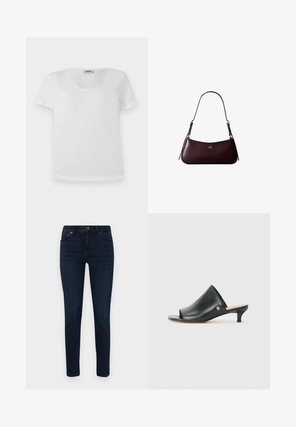 Weißes Kurzarm-T-Shirt aus weichem Material, mit Rundhalsausschnitt und geradem Saum, ohne sichtbare Muster oder Akzente.; Dunkelblaue Jeans mit schmaler Passform, ausgestattet mit einem Fünf-Taschen-Design, Knopfverschluss und dezenten Nähdetails. Glatte Textur über die gesamte Fläche.; Schwarze Leder-Pantoletten mit offenen Zehen und niedrigem Absatz. Sie verfügen über eine glatte Oberfläche und ein goldenes Logo-Detail an der Seite.; Dunkelburgunderfarbene Lederhandtasche mit schmalem schwarzem Schulterriemen und kleinem goldenem "cK" Logo vorne in der Mitte.