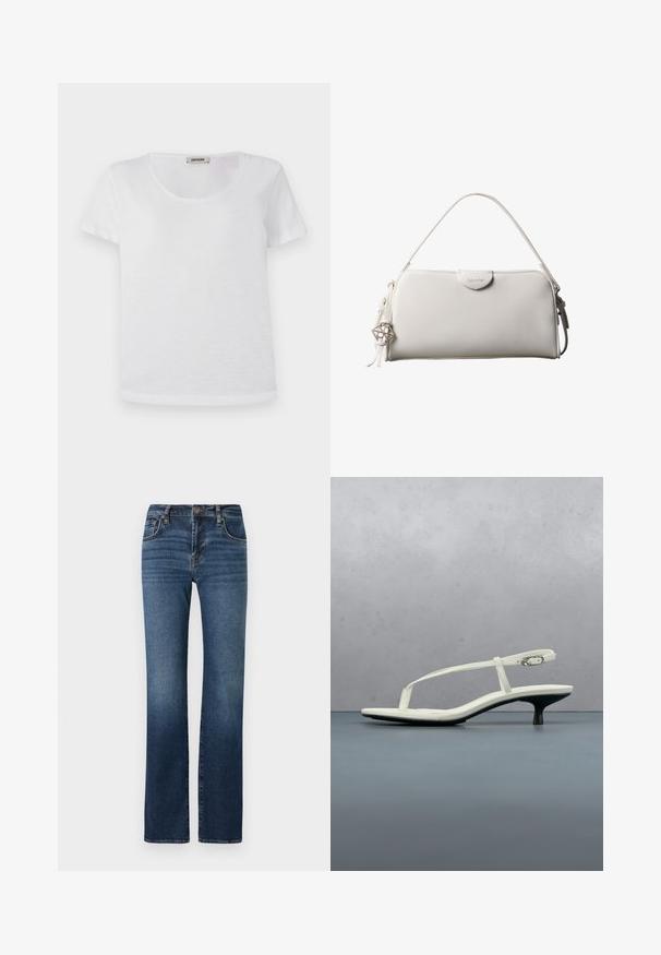 Weißes Kurzarm-T-Shirt aus weichem Material, mit Rundhalsausschnitt und geradem Saum, ohne sichtbare Muster oder Akzente.; Dunkelblaue Denim-Jeans mit einem geraden Bein-Design, hoher Taille, dezentem Verblassen, fünf Taschen und Metallknopfverschluss.; Weiße Riemchenpantolette mit kitten heel und spitz zulaufender Zehenpartie, schwebt über einem Holzkachelboden im Freien mit verschwommenem Pflanzen- und Wandhintergrund.; Weiße rechteckige Calvin Klein Handtasche mit einem einzelnen Henkel, minimalistischem Design und dekorativen Quasten mit geometrischem Metallanhänger an der Seite.