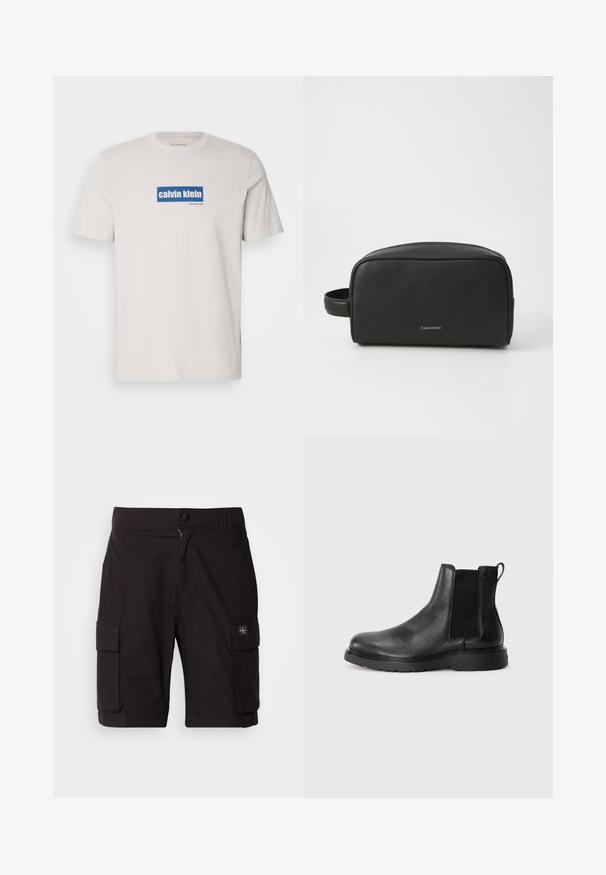 T-shirt en coton blanc avec un logo rectangulaire bleu portant le texte "calvin klein" et "new york city" en blanc sur le devant. Coupe classique.; Bermudas cargo noires en tissu léger. Dotées d'une fermeture à bouton et à zip, de deux poches cargo sur les côtés et de détails cousus.; Bottes Chelsea en cuir noir avec une finition texturée, des panneaux latéraux élastiques et une semelle en caoutchouc robuste. Branding subtil sur le talon.; Trousse de toilette en cuir noir avec une surface texturée, forme arrondie et poignée latérale. Présente le logo Calvin Klein à l'avant.