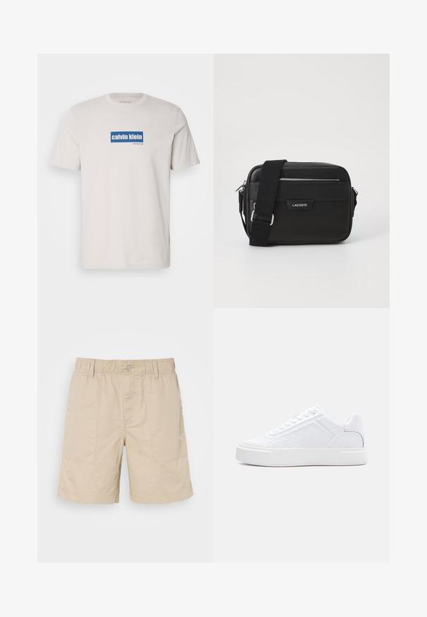 Weißes Baumwoll-T-Shirt mit einem blauen rechteckigen Logo, auf dem "calvin klein" und "new york city" in weißem Text auf der Vorderseite steht. Klassische Passform.; Beige Baumwollshorts mit elastischem Bund, vorderem Knopf und zwei seitlichen Taschen. Sie verfügen über dezente Nähte und ein kleines Logo an der Seite.; Weißer Sneaker mit niedrigem Schaft, geprägt mit geometrischem Muster, Schnürverschluss und dicker Sohle, seitlich auf weißem Hintergrund dargestellt.; Schwarze Umhängetasche aus strukturiertem synthetischem Material, mit silbernem Beschlag, verstellbarem Gurt, ausgestattet mit einem Logo-Schild auf der Vorderseite und einem Reißverschluss.