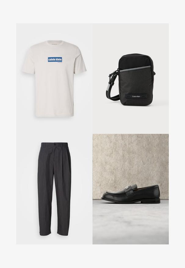 Hvid bomulds T-shirt med et blåt rektangulært logo med "calvin klein" og "new york city" i hvid tekst på forsiden. Klassisk pasform.; Mørkegrå lige bukser med bæltestropper, frontknaplukning og sidelommer på en lys ensfarvet baggrund.; Sort læderloafer med metalbrandskilt hvilende nær et brunt rundt bord på beige tæppe.; Sort skuldertaske med ternet mønster, lavet af struktureret stof. Har en frontlomme og en logoaccent. Justerbar rem inkluderet.
