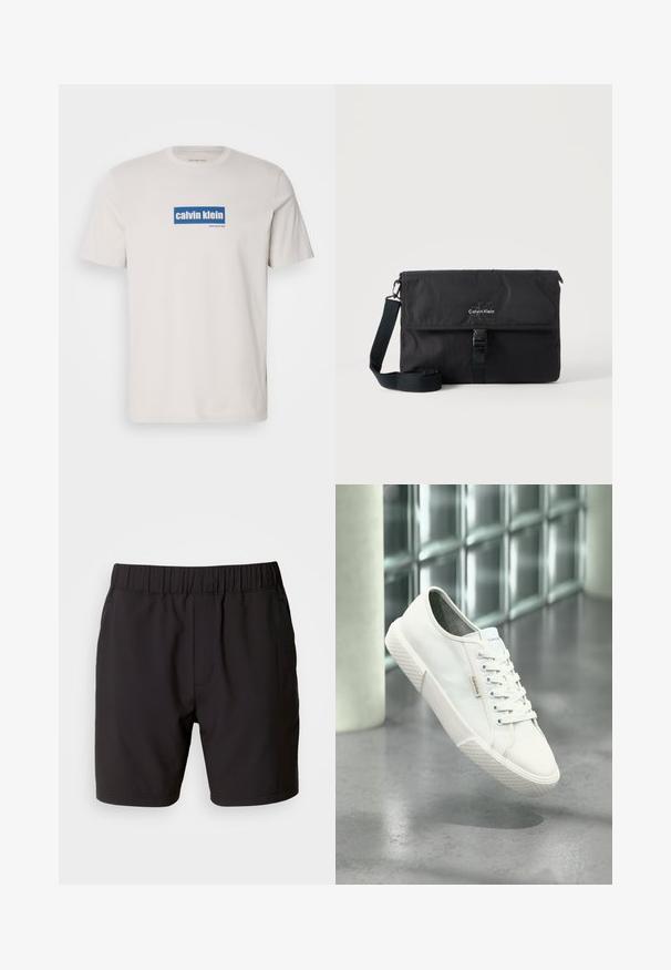 Hvid bomulds T-shirt med et blåt rektangulært logo med "calvin klein" og "new york city" i hvid tekst på forsiden. Klassisk pasform.; Sorte shorts lavet af strækbart stof, med en elastisk talje, sidelommer og et simpelt, rent design. Ingen mønstre eller detaljer.; Hvid Calvin Klein lavt sneakers med snørebånd, gummisål og logo-tag, svævende over gråt poleret gulv nær glasblokvæg.; Sort Calvin Klein messenger-taske med justerbar skulderrem og frontklap sikret med spænde, vist mod en ensfarvet baggrund.
