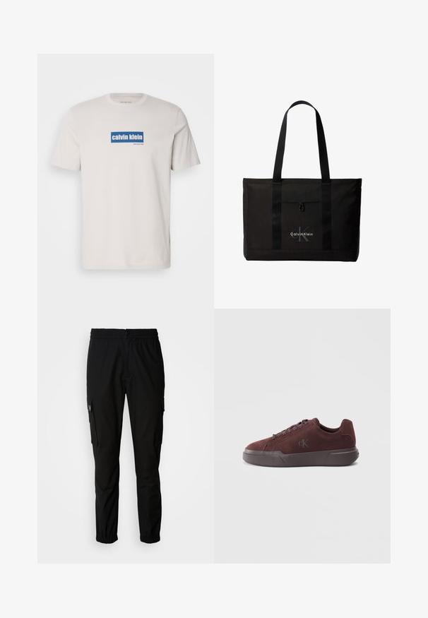 Camiseta de algodón blanca con un logo rectangular azul que dice "calvin klein" y "new york city" en texto blanco en el frente. Corte clásico.; Pantalones cargo negros de tela, con cintura elástica, cierre de botón y múltiples bolsillos laterales con solapas.; Zapatillas de ante burdeos con suela de goma, que cuentan con cordones redondos y un sutil logo grabado en el lateral para la marca.; Bolso tote negro de Calvin Klein con dos asas largas y bolsillo delantero, con el logo de la marca en blanco y gris.