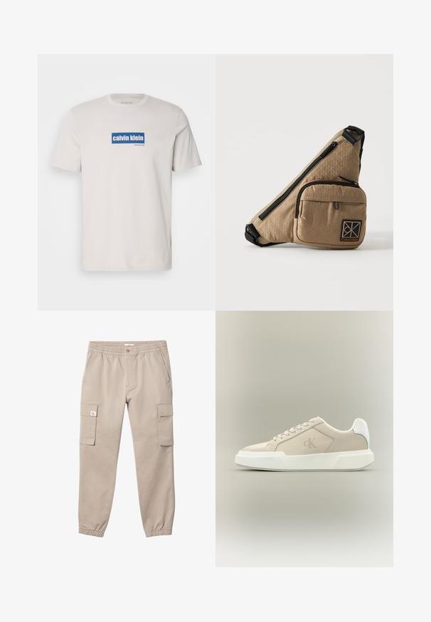 Λευκό βαμβακερό t-shirt με μπλε ορθογώνιο λογότυπο που έχει τις λέξεις "calvin klein" και "new york city" σε λευκό χρώμα στο μπροστινό μέρος. Κλασική εφαρμογή.; Μπεζ παντελόνι cargo με ελαστική μέση και τελειώματα, κλείσιμο με κουμπιά, πλαϊνές τσέπες και τσέπες με καπάκι και στα δύο μηρά. Μικρό λογότυπο στο καπάκι της αριστερής τσέπης.; Μπεζ αθλητικό παπούτσι χαμηλού τύπου με χοντρή λευκή σόλα, κορδόνια, λευκό ταμπελάκι στη φτέρνα και διακριτικό λογότυπο CK στην πλευρική επιφάνεια.; Μπεζ τσάντα Calvin Klein crossbody με μαύρο φερμουάρ, μπροστινή τσέπη και λογότυπο σε απλό ανοιχτό φόντο.