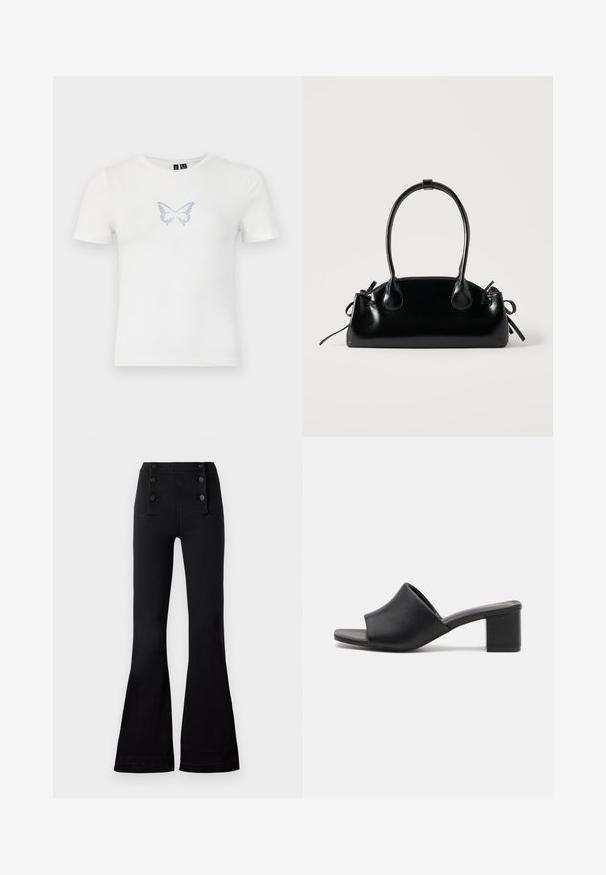 T-shirt en coton blanc à manches courtes, présentant un motif de papillon bleu réalisé en petits strass sur la poitrine. Encolure ronde.; Pantalons évasés noirs en denim avec une taille haute, ornés de quatre boutons décoratifs à l'avant et d'une texture lisse.; Mules à talons carrés en cuir noir avec un bout ouvert, présentant une surface lisse et un upper légèrement courbé pour le confort et le style.; Petit sac à main noir brillant avec deux longues anses et des détails à cordon sur les côtés sur un fond clair uni.