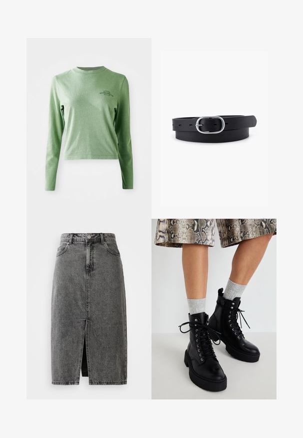 Hellgrünes Langarm-T-Shirt aus weicher Baumwolle, mit Rundhalsausschnitt und einem kleinen gedruckten Logo auf der oberen linken Seite.; Hochgeschnittene, ausgebleichte schwarze Denim-Midirock mit vorderem Schlitz, Gürtelschlaufen und klassischem Fünf-Taschen-Design.; Steve Madden GUSTO - Plateaustiefelette - black; Schwarzer Leder Gürtel mit glatter Textur, ovaler silberner Metallschnalle und mehreren Einstelllöchern entlang des Riemens. Flaches, minimalistisches Design.