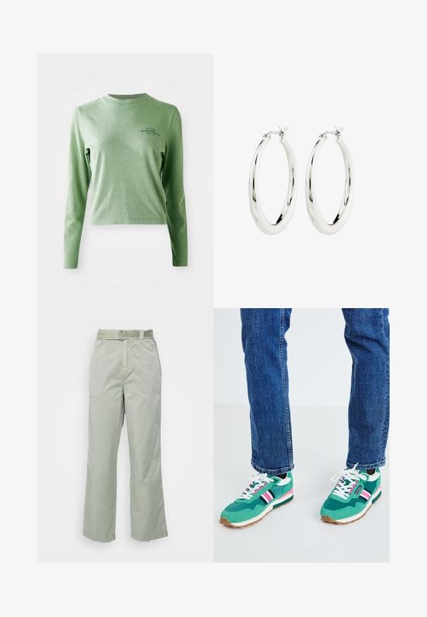Lichtgroene longsleeve t-shirt van zacht katoen, met een ronde hals en een klein bedrukt logo aan de bovenlinkerzijde.; Lichtgroene, wijde broek van katoen met een riem in de taille, voorzakken en gestikte details langs de naden en zoom.; Groene sportsneakers met witte en marineblauwe accenten, roze streepdetails en een gestructureerde stof. Geveterd met witte veters; rubberen zool.; Zilveren oorbellen in de vorm van een gladde, glanzende ring. Circulaire vorm, voorzien van een veilige sluiting. Eenvoudig en elegant ontwerp.