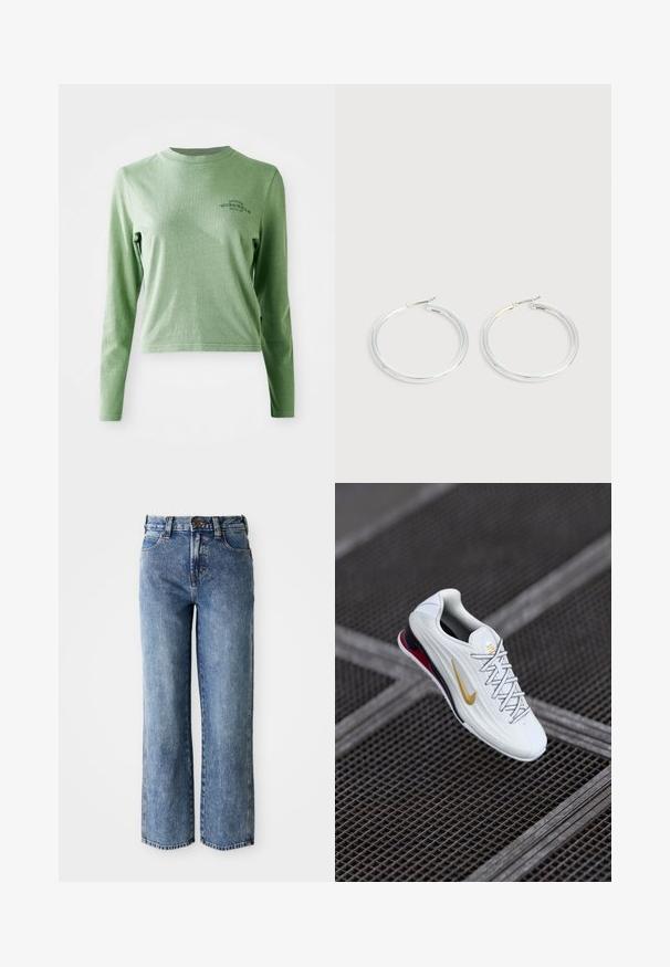 Lichtgroene longsleeve t-shirt van zacht katoen, met een ronde hals en een klein bedrukt logo aan de bovenlinkerzijde.; Hoge taille rechte spijkerbroek van blauw denim met zijzakken, ceintuurlussen en knoopsluiting.; Witte sportschoen met een gestructureerde bovenkant, gouden swoosh-logo, rode accenten bij de hiel en grijze veters. Verhoogde zool voor demping.; Een paar glanzende zilveren oorringen met dunne draadafsluitingen, getoond op een lichtgrijze achtergrond.