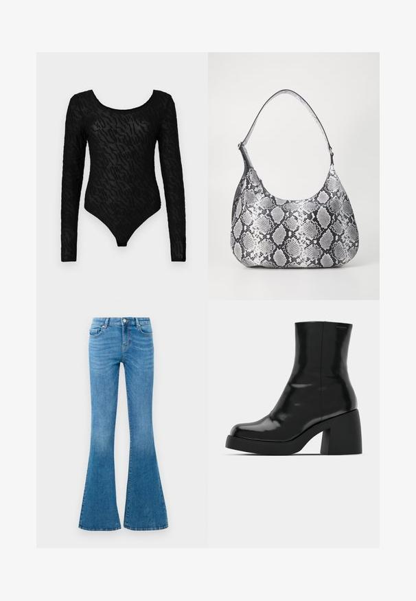 Zwarte bodysuit met lange mouwen en een textuurpatroon, met een ronde halslijn en een aansluitende pasvorm, gemaakt van een transparant materiaal.; Blauwe spijkerbroeken met uitlopende pijpen en een mid-rise taille, voorzien van vijf zakken, een standaard knoopsluiting en een lichte vervaging voor textuur.; Zwarte enkellaarzen met een glanzende afwerking, vierkante neus en een dikke blokhak. Het ontwerp heeft een naadloze silhouet en minimale branding.; Zwart-witte slangenprint schoudertas met een afgeronde vorm, een gladde textuur en een ronde strap. Voorzien van een zilveren hardwareaccent.