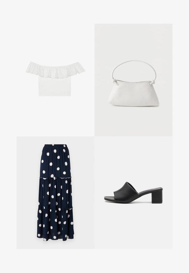 Blusa blanca sin hombros con un escote volado y bordado de ojales, tela de cuerpo suave, mangas cortas y diseño ajustado.; Falda maxi de lunares azul marino con patrones circulares blancos, que presenta un diseño en capas y una cinturilla elástica para mayor comodidad.; Mulas de tacón cuadrado de cuero negro con punta abierta, que presentan una superficie lisa y una parte superior ligeramente curvada para mayor comodidad y estilo.; Bolso de mano de cuero blanco tejido con asa redondeada y extremos de la correa anudados, exhibido sobre un fondo liso.