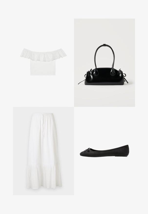 Hvid off-the-shoulder top med rynket halsudskæring og eyelet-broderi, glat stof på kroppen, korte ærmer og tætsiddende design.; Hvid, knælængde nederdel lavet af let stof med elastisk talje og snor. Har en voluminøs kant og subtil tekstur.; Sorte ruskind ballet flats med rund tå, prydet med en dekorativ sløjfe på forsiden og flad sål. Glat tekstur og klassisk form.; Lille sort blank håndtaske med to lange håndtag og snøre-detaljer i siden på en ensfarvet lys baggrund.