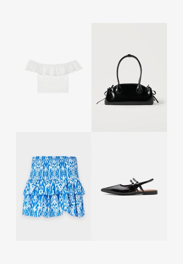 Λευκή μπλούζα με off-the-shoulder σχεδίαση, που διαθέτει ραντάκι με κεντημένα σχέδια, απαλό ύφασμα σώματος, κοντά μανίκια και εφαρμοστή γραμμή.; Μια μπλε και λευκή φούστα με σχέδιο, με σφηκοειδή μέση, στρώσεις ρυτίδων στο κάτω μέρος και ελαφρύ υλικό. Διαθέτει σχέδιο τύπου ικατ.; Μαύρα παπουτσάκια slingback από πατενταρισμένο δέρμα με μυτερή μύτη, δύο λουριά με αγκράφες και επίπεδη σόλα.; Μικρή μαύρη γυαλιστερή τσάντα με δύο μακριές λαβές και λεπτομέρειες με ρυθμιζόμενο κορδόνι στο πλάι σε απλό ανοιχτό φόντο.