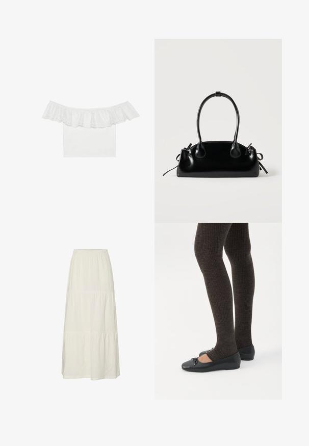 Hvid off-the-shoulder top med rynket halsudskæring og eyelet-broderi, glat stof på kroppen, korte ærmer og tætsiddende design.; Hvid, lagdelt maxiskørt lavet af let, struktureret stof med elastisk talje. Har tre forskellige stofsektioner.; Ben iført mørke ribbede leggings kombineret med sorte balletsko med små sløjfedetaljer på hvid baggrund.; Lille sort blank håndtaske med to lange håndtag og snøre-detaljer i siden på en ensfarvet lys baggrund.