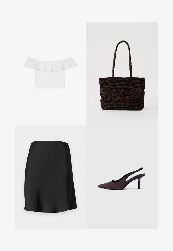 Λευκή μπλούζα με off-the-shoulder σχεδίαση, που διαθέτει ραντάκι με κεντημένα σχέδια, απαλό ύφασμα σώματος, κοντά μανίκια και εφαρμοστή γραμμή.; Μαύρη σατινένια μίνι φούστα με ελαστική μέση, λείος υφασμάτινος καμβάς και απλή κοπή. Χωρίς σχέδια ή διακοσμητικά στοιχεία.; Γυναικείο παπούτσι με τακούνι slingback σε σκούρο μωβ ύφασμα. Σχεδιασμός με μυτερή μύτη, ανοιχτές πλευρές και λεπτό, τετράγωνο τακούνι. Ομαλή υφή.; Σκούρο καφέ υφαντή τσάντα ώμου με ανθισμένα σχέδια και δύο μακριές πλεξούδες λαβές σε απλό ανοιχτό φόντο.