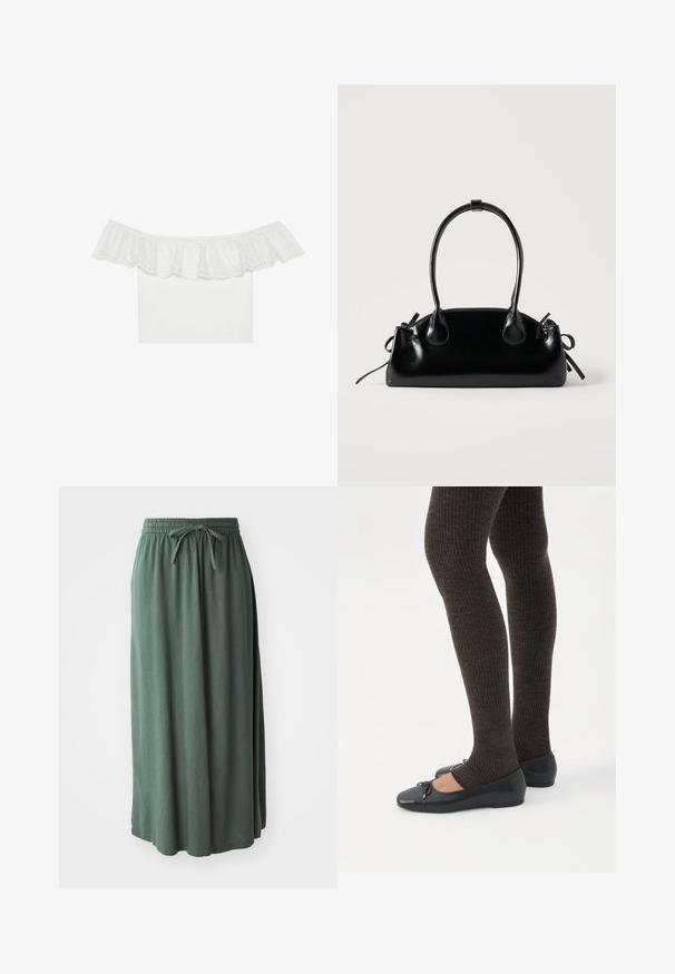 Hvid off-the-shoulder top med rynket halsudskæring og eyelet-broderi, glat stof på kroppen, korte ærmer og tætsiddende design.; Grøn, mellemlang nederdel lavet af blødt stof med elastisk talje og justerbar snøre; glat tekstur og enkelt design.; Ben iført mørke ribbede leggings kombineret med sorte balletsko med små sløjfedetaljer på hvid baggrund.; Lille sort blank håndtaske med to lange håndtag og snøre-detaljer i siden på en ensfarvet lys baggrund.