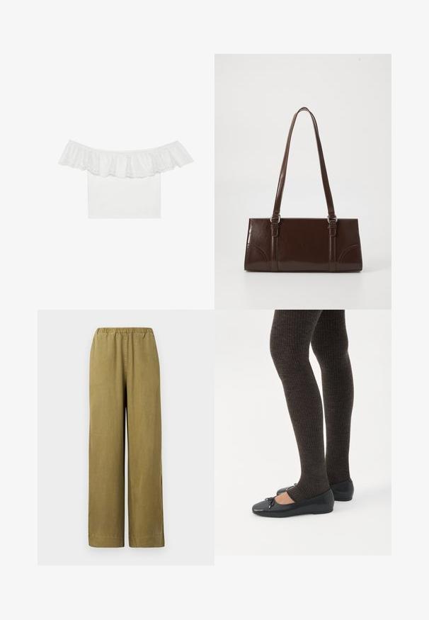 Hvid off-the-shoulder top med rynket halsudskæring og eyelet-broderi, glat stof på kroppen, korte ærmer og tætsiddende design.; Khaki brede benbukser med elastisk talje, lavet af blødt bomuldsstof. Har sidespalter og et lige snit, hvilket giver en afslappet pasform.; Ben iført mørke ribbede leggings kombineret med sorte balletsko med små sløjfedetaljer på hvid baggrund.; Brun lakeret håndtaske med rektangulær form, to lange håndtag og subtile buede detaljer på fronten.