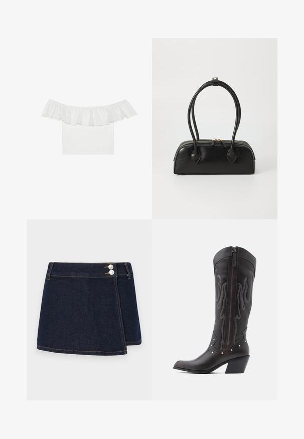 Witte off-the-shoulder top met een ruches ruggengraat en gaatjesborduurwerk, gladde stof, korte mouwen en een fitted ontwerp.; Donkerdenimrok met een wikkelontwerp, twee zilveren knopen in de taille en contrasterende stiksels langs de zoom en naden.; Bruine leren cowboylaarzen met vlamstiksels, zijrits, zilveren studs, spits toelopende neus en gestapelde hak.; Zwarte leren handtas met twee verlengde handvatten, ritsluiting en ronde vorm; gladde textuur met subtiele glanzende afwerking.