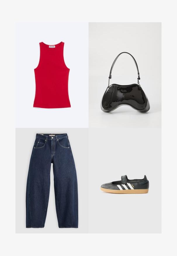 Rood nauwsluitend mouwloos hemd met hoge halslijn en Weekday merklabel aan de binnenkant van de kraag, afgebeeld op een lichte achtergrond.; Donkerblauwe denim jeans met een losse fit, lichte stiksels, vijf zakken en een knoopsluiting op de taille.; Zwarte leren en suède sneaker met een klittenbandsluiting, voorzien van drie witte strepen en een gumzool, met de naam "SAMBA" aan de zijkant.; Zwarte gepatenteerde leren handtas met een unieke gebogen vorm, korte verstelbare handgreep en een ritsopening. Glad uiterlijk met subtiele branding.
