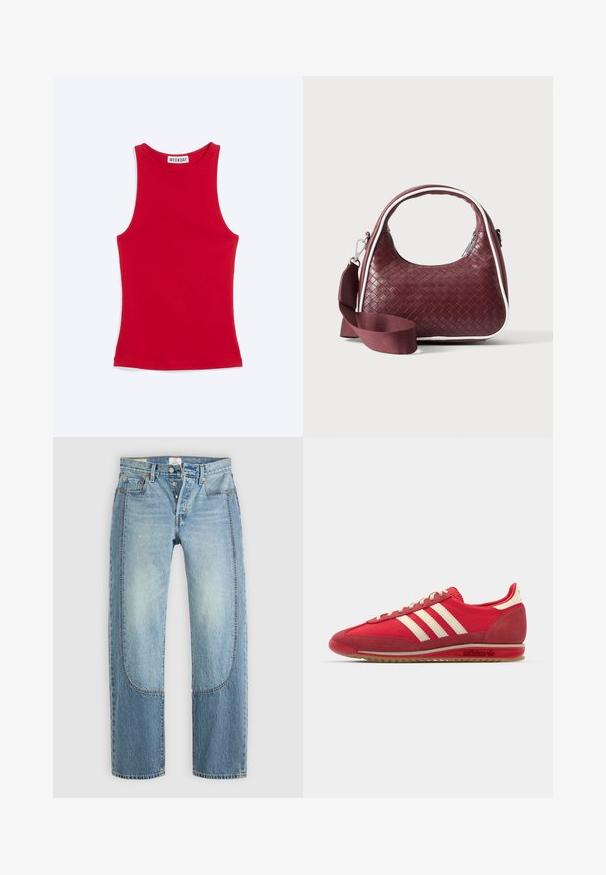 Rood nauwsluitend mouwloos hemd met hoge halslijn en Weekday merklabel aan de binnenkant van de kraag, afgebeeld op een lichte achtergrond.; Lichtblauwe denim jeans met een rechte, losse pasvorm, voorzien van contrasterende paneeldetails en een vijf-pocket ontwerp. Knopen vloogsluiting.; Rode sportieve sneaker met een gestructureerde bovenzijde, drie witte strepen, ronde neus en een rubberen zool met logo-details aan de zijkant.; Donkerrode geweven leren handtas met gebogen handvat, witte bies, zilveren rits en afneembare brede stoffen schouderriem tegen een effen achtergrond.