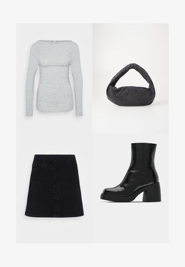 Lys grå langærmet top lavet af blødt, tekstureret stof. Har en bådudskæring og sammenkrøllede side detaljer for en tætsiddende silhuet.; Sort denimnederdel med lige snit, der har en frontknaplukning, to sidelommer og en glat tekstur.; Sorte ankelstøvler med en blank finish, firkantet tå og en tyk blokhæl. Designet har en strømlinet silhuet og minimal branding.; Mørkegrå stofpose med et buet håndtag, blød tekstur og rund form. Ingen synligt hardware eller pynt.